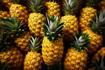 Sliced and half of Pineapple(Ananas comosus) on wooden table with blurred garden background.Sweet, and juicy taste Have a lot of fiber,vitamins C and minerals  or healthcare concept , generative ai