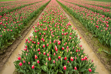 Early season in the tulip fields, red flowers with white edges starting to bloom

