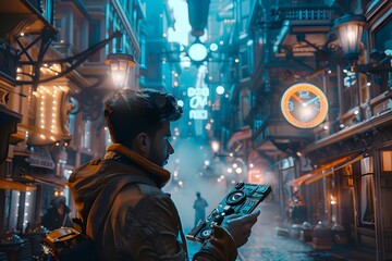 Futuristic Traveler Exploring Vibrant City Alley at Night