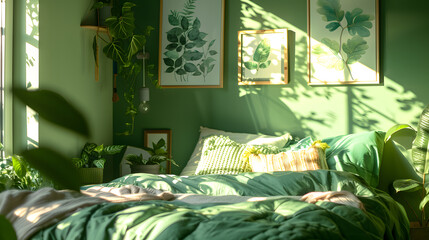 A bedroom with a green wall and a bed with a blue comforter