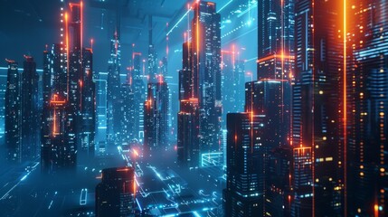 Obraz premium 3D Rendering of neon mega city with light reflection from puddles on street heading toward buildings. Concept for night life