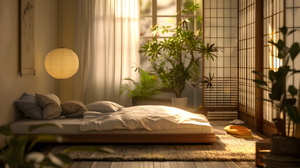 A bedroom with a bed, a plant, and a lamp
