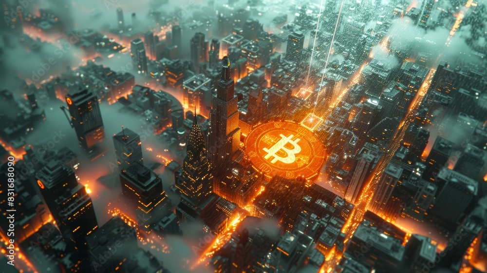Poster streets as lightning and the blocks as as bitcoin blockchain and show the bitcoin symbol on all roof