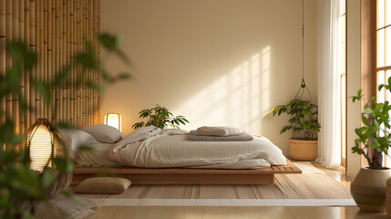 A bedroom with a white futon and two pillows
