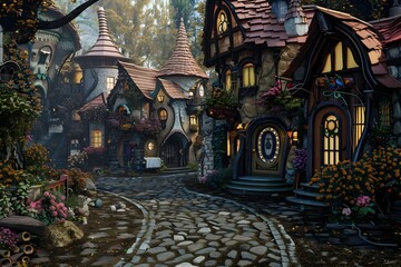 Fototapeta premium Enchanting Fantasy Village with Whimsical Cottages and Cobblestone Streets