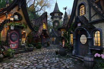 Obraz premium Enchanting Whimsical Fantasy Village with Cozy Cobblestone Streets and Charming Storybook Architecture