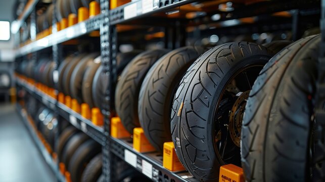 A new motorcycle tire displayed on tire storage shelving, clean and organized, ready for immediate use in a professional garage setting