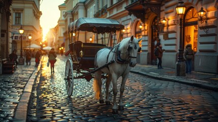 Beautifully detailed horse carriage in an old town, cobblestone street, 8k, realistic and ultra HD, cinematic photograph, isolated background, studio lighting