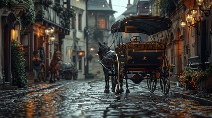 Beautifully detailed horse carriage in an old town, cobblestone street, 8k, realistic and ultra HD, cinematic photograph, isolated background, studio lighting