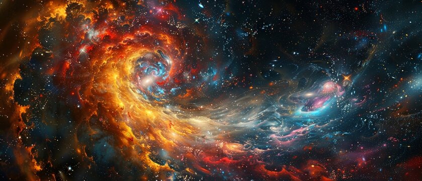 Captivating space scenery from spaceship window, oil painting depicting swirling galaxies, radiant stars, and colorful cosmic phenomena