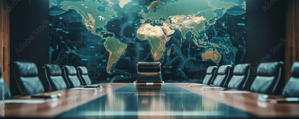 Aufkleber a large conference table with a map of the world on the wall behind it. the table is surrounded by s