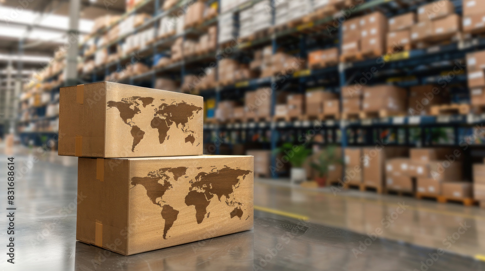 Poster two cardboard boxes with a world map on them are stacked on top of each other. the boxes are in a wa
