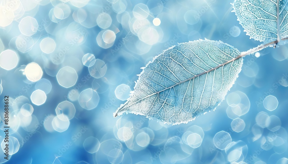 Poster delicate skeletonized white leaf on light blue background with bokeh artistic nature photo