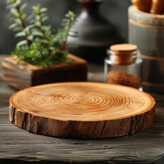 Obraz premium Rustic wooden slice adorned with lush greenery