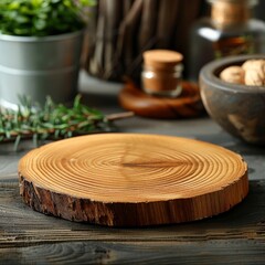 Obraz premium Greenery accents on a rustic wooden slice