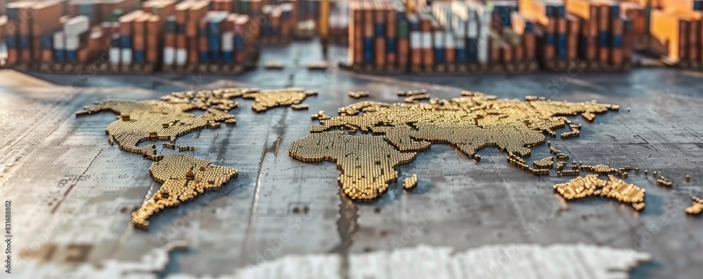 Poster a map of the world is covered in gold colored beads. the beads are scattered all over the map, creat