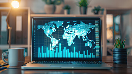 A laptop screen shows a map of the world with various data points. Concept of global interconnectedness and the importance of understanding and analyzing data on a large scale