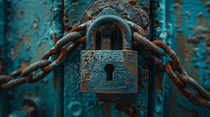 Focused image of a large padlock enveloped by heavy, rusted chains on a decrepit metal door, capturing the essence of neglect