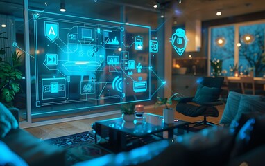 Advanced smart home setup with AI at the core, displaying a holographic interface for various devices in a modern living room