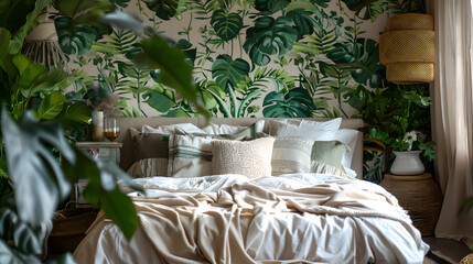 A bedroom with a green and white wall and a green and white bedspread