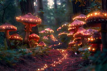 Glowing Mushroom Fairytale in Enchanted Forest with Luminous Fairy Lights