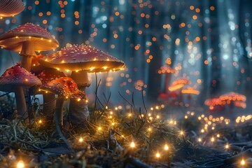 Glowing Mushrooms and Fairy Lights in Enchanted Forest Landscape