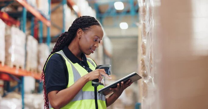 Woman, tablet and scanner for inspection or stock take, online and order for ecommerce. Technology, shipping or cargo for industrial factory for female person, supply chain or digital depot inspector