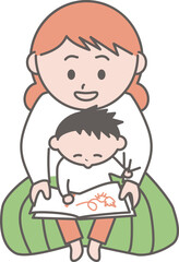 お母さんの膝に座って落書きする男の子