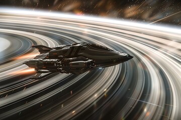 Futuristic Spaceship Traversing the Luminous Rings of a Colossal Gas Giant in the Boundless Cosmos