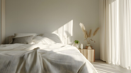 A white bed with a white comforter and pillows