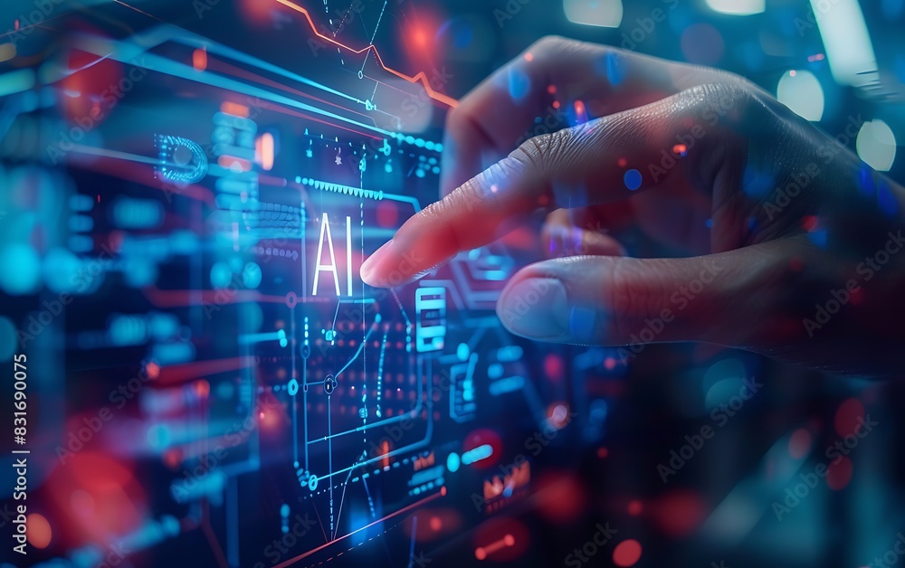 Aufkleber human hand interacting with a futuristic ai interface, glowing with blue and red digital elements