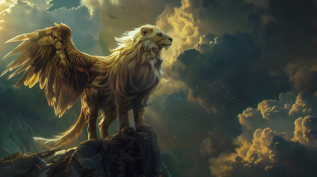 Mythical Ancient Fantasy Lion Griffin With Eagle Wings Standing On Hill Against Cloudy Sky