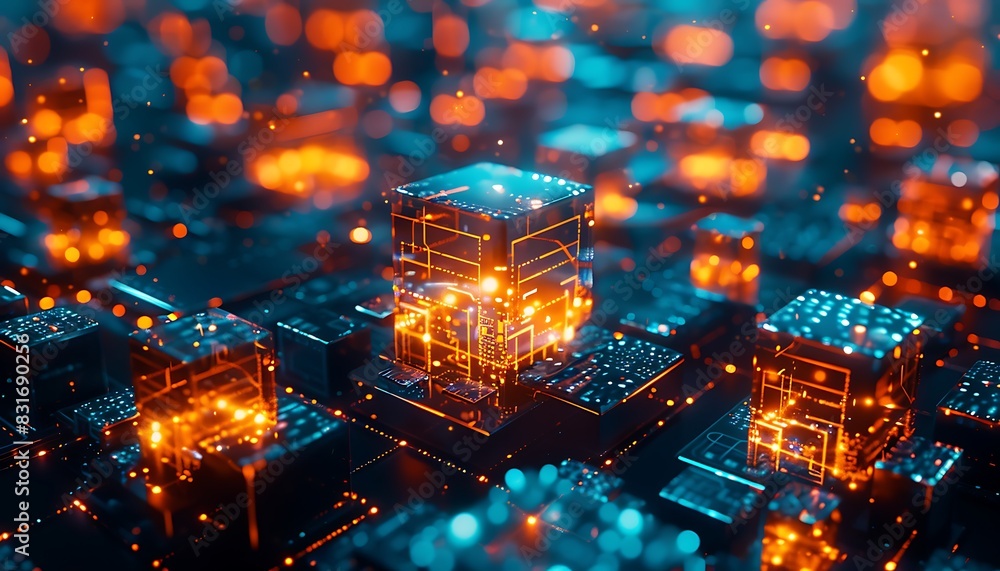 Poster glowing cubes interconnected by digital lines, illustrating an advanced iot network in vibrant blue 