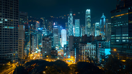 A busy city street at night with a bus and a car driving down the road