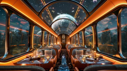 Cosmic train interior with vibrant planets visible through large windows, ambient lighting, and sleek, modern seating