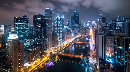 Fototapeta premium A busy city street at night with a bus and a car driving down the road
