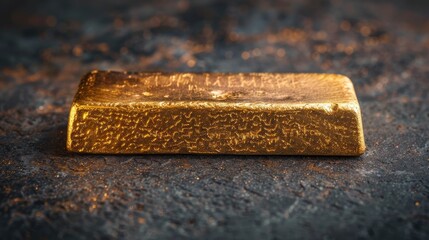 Detailed close-up of a luxury gold bar on a dark isolated background, with studio lighting emphasizing its shiny, opulent finish