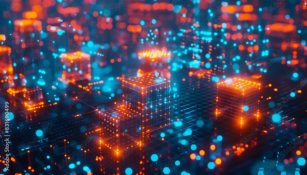 Aufkleber Glowing cubes interconnected by digital lines, illustrating an advanced IoT network in vibrant blue and orange tones