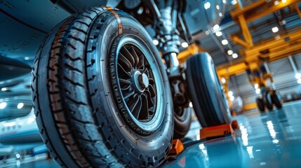 Fototapeta premium Close-up of airplane wheels, showcasing intricate details of landing gear, hydraulic systems, and tread patterns on the tires