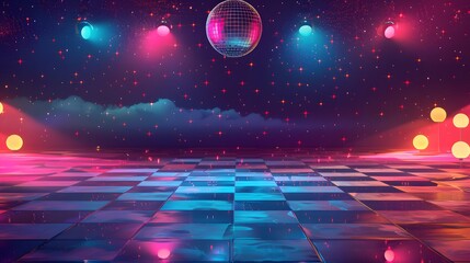 disco dance floor with a checkered pattern and a glittering disco ball hanging overhead