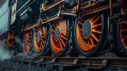 Close-up of steam train wheels with heavy shadows, highlighting the robust and aged components of the locomotive