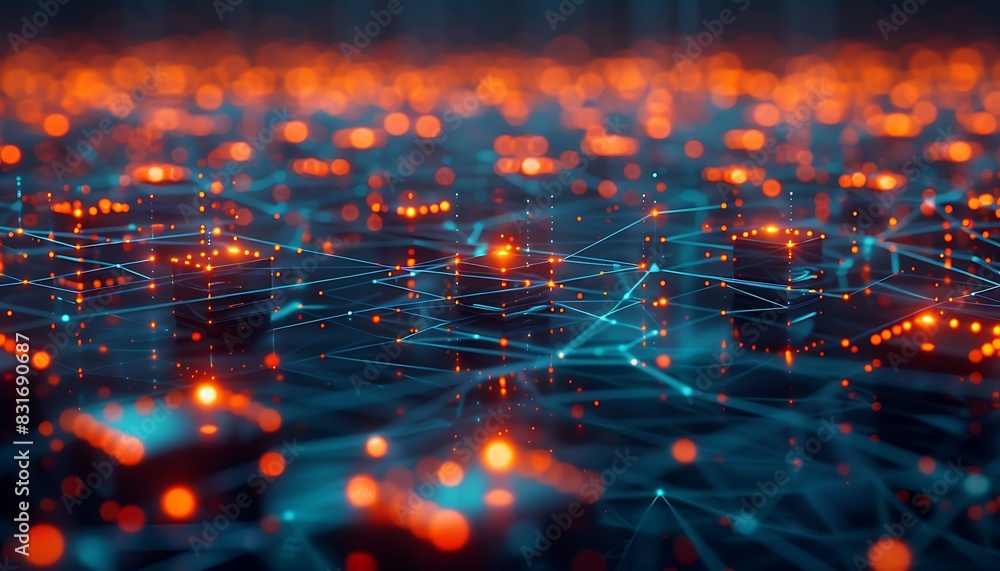 Aufkleber glowing cubes interconnected by digital lines, illustrating an advanced iot network in vibrant blue 
