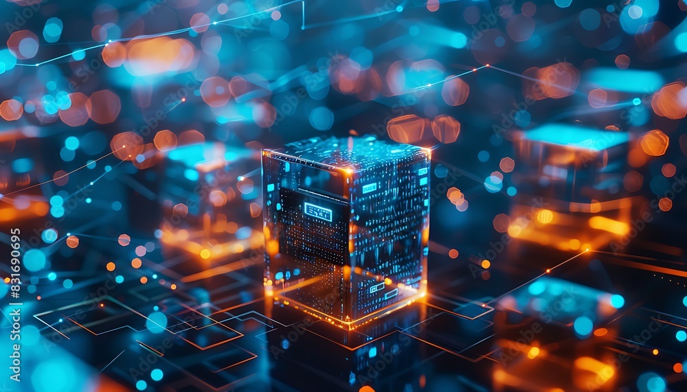 Poster glowing cubes interconnected by digital lines, illustrating an advanced iot network in vibrant blue 