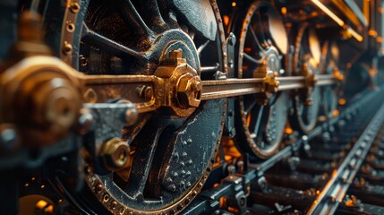 Close-up view of train wheels and track, detailed metal textures, and mechanical parts, with shadows highlighting the intricate components