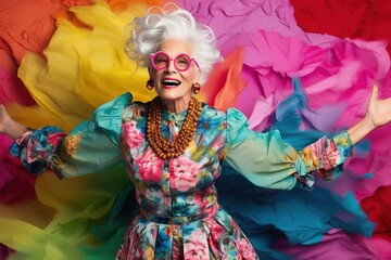 A creative portrait of a grandmother, wearing colored glasses, a yellow hat and a colorful jacket, made in the studio. A cool old lady in trendy clothing colors on a monochrome background.