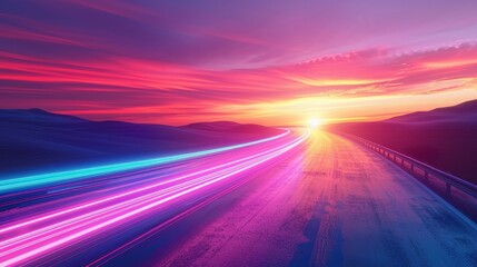 Colorful light trails on an empty road, merging into a pink purple sunrise, with an abstract rainbow neon backdrop
