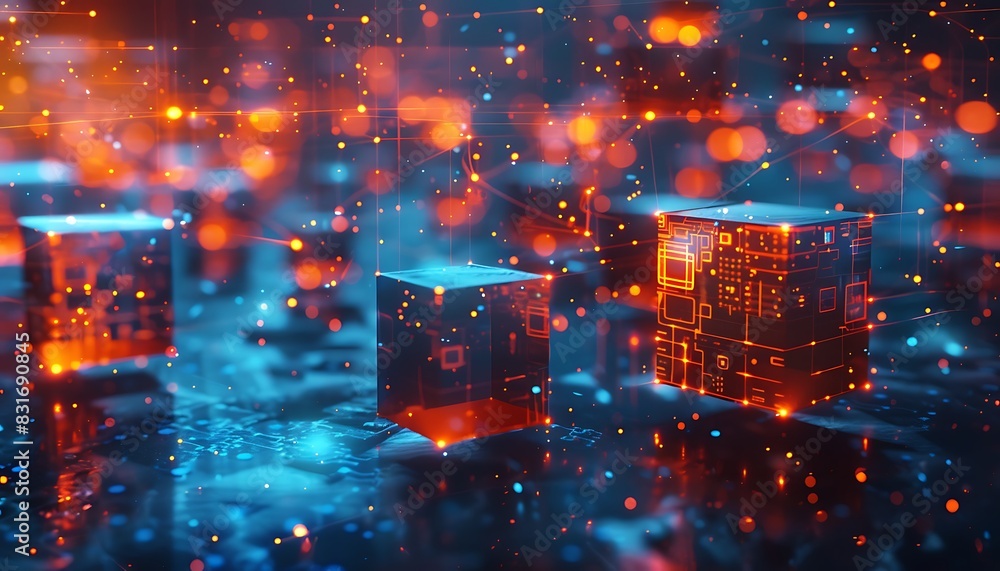 Poster glowing cubes interconnected by digital lines, illustrating an advanced iot network in vibrant blue 