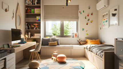 Fototapeta premium A small room with a window and a desk