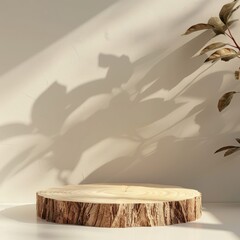 A sunlit wall adorned with leaf shadows and a rustic wooden stump
