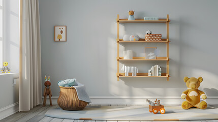 A room with a blue wall and a white shelf with a teddy bear on it